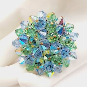Vintage Blue Green Aurora Borealis Crystal Bead Brooch, Cluster Pin, 1950s